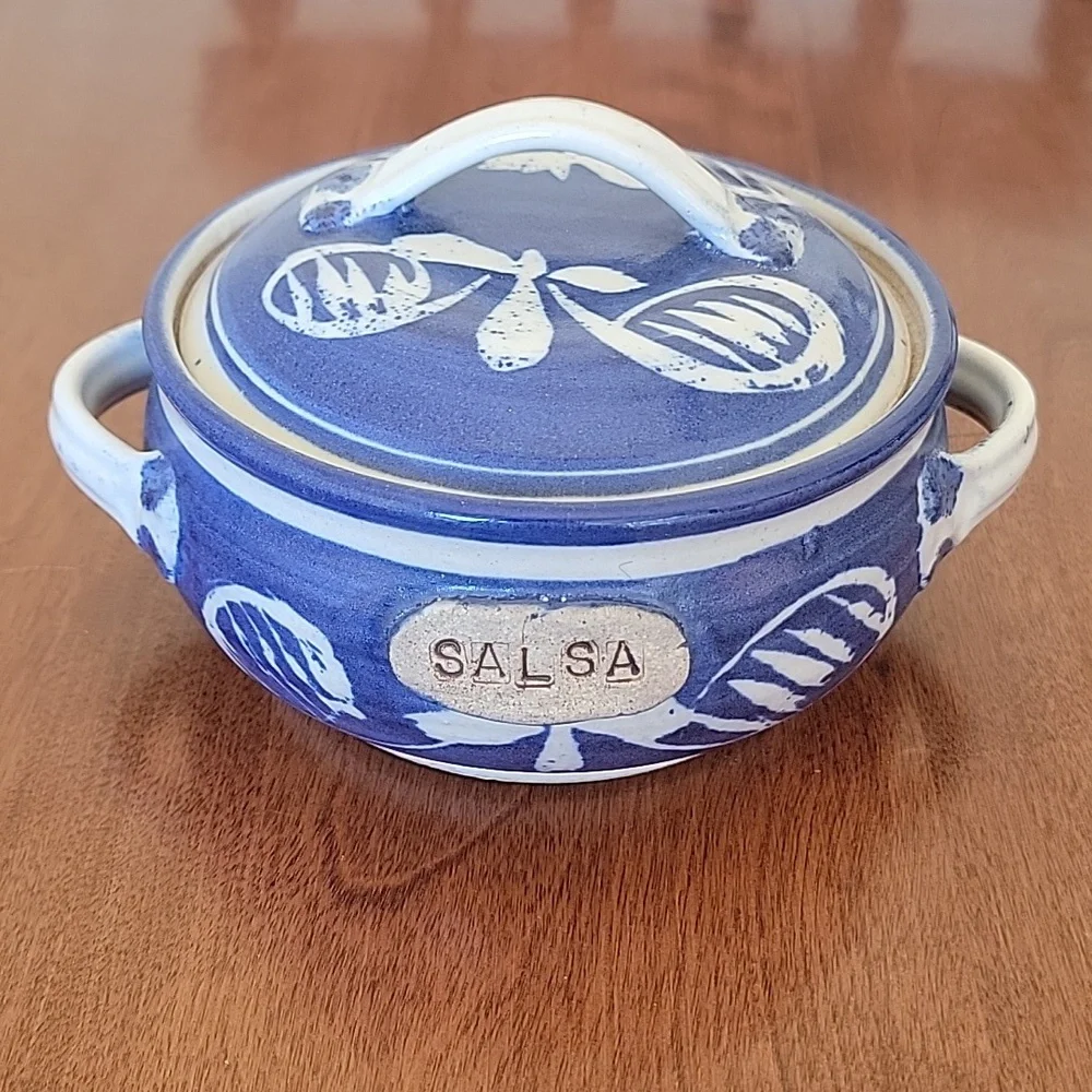 Pottery Blue White Salsa Dish with Lid